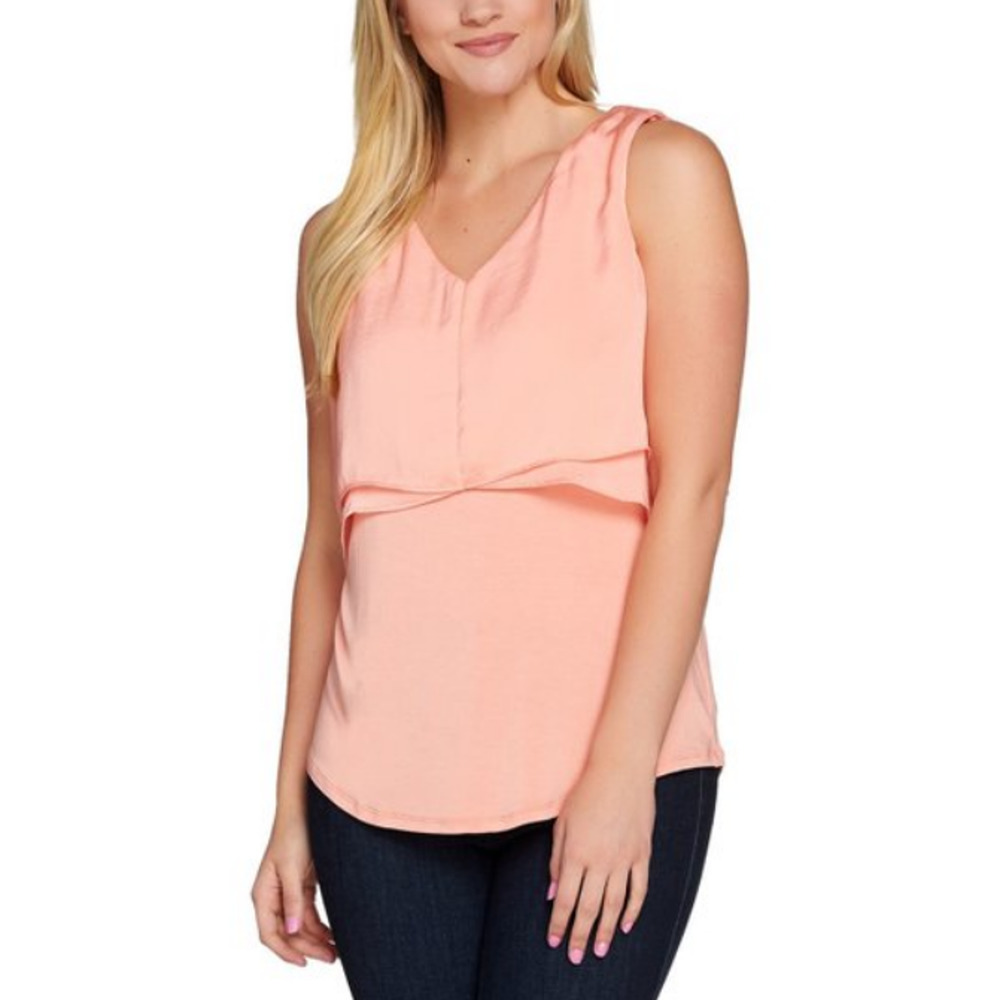 Halston Small Sleeveless Woven Knit Tank Top V-Neck Cascade Overlay Petal Pink S